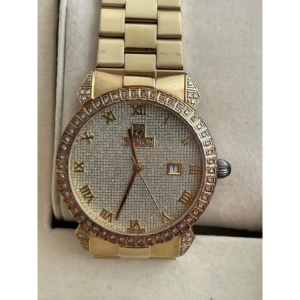 Croton Swiss Quartz Men’s Gold Tone Watch Crystal Bezel Date Sapphire Crystal